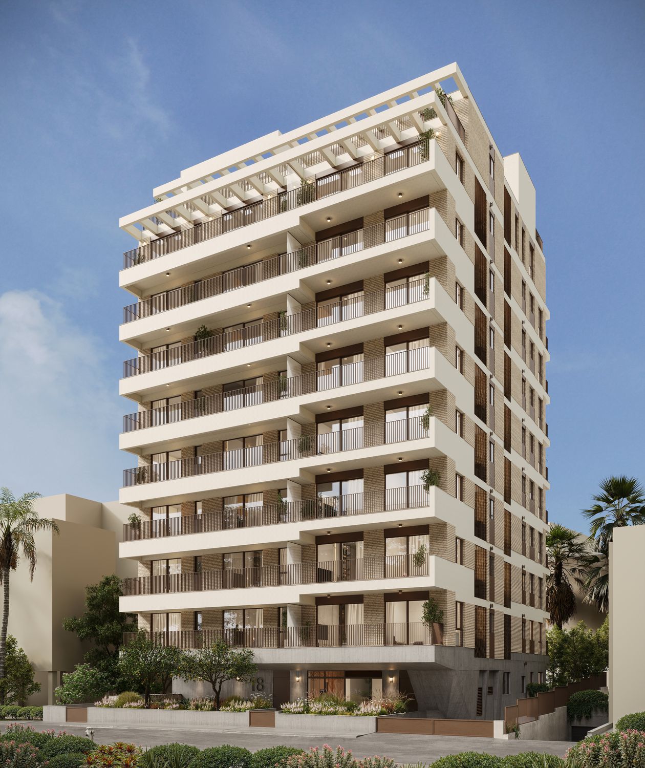 הדמיית חזית הבניין באור יום, מרפסות רחבות וחיפוי אבן בהיר